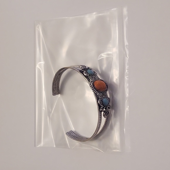 Silvertone Bangle with Faux Orange and Turquoise Stones - Picture 5 of 5